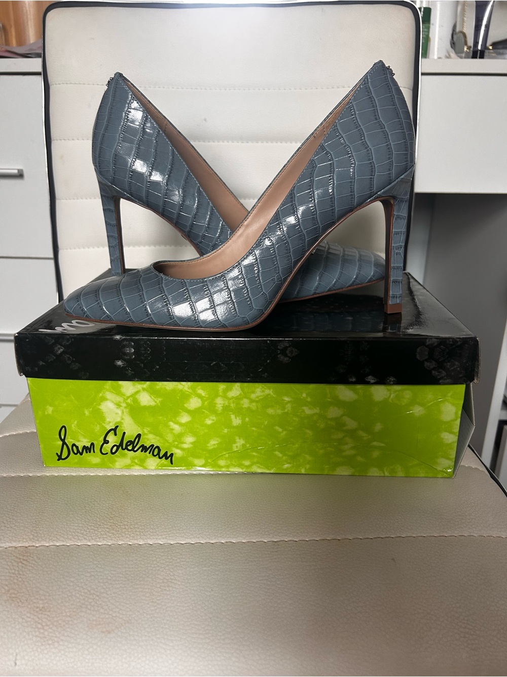 Sam Edelman Slate Blue Croc-Embossed Square-Toe Pumps - Picture 2 of 2
